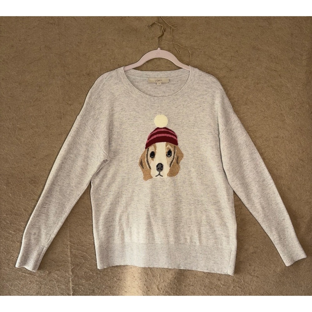 Loft Wool‎ Blend Pullover Sweater Womens Sz S Gray Beagle Dog Lightweight